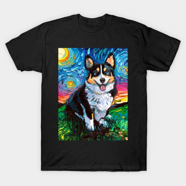 Tri Color Corgi Night T-Shirt by sagittariusgallery